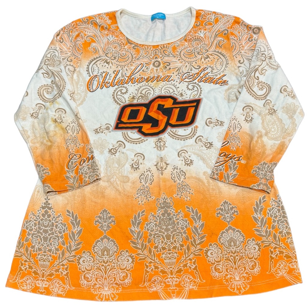 P. Michael Oklahoma State Cowboys OSU‎ Paisley Rhinestone Ombre Top Orange M pb1
